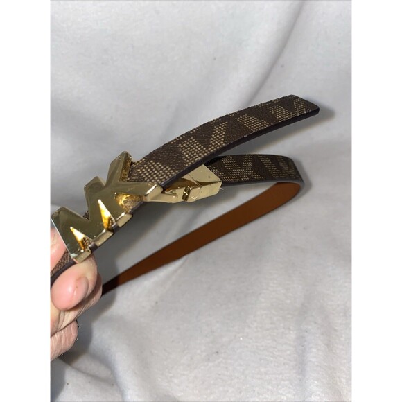 Michael Kors Belt gold metal logo Two Tone MK Logo Buckle Brown Luxury Scuffs - Picture 8 of 8